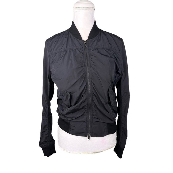 Vince black ruched bomber jacket pockets ribbed neck cuffs small - Picture 2 of 16